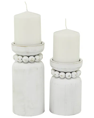 Peyton Lane Set Of 2 Wood Beaded Pillar Candle Holder In White