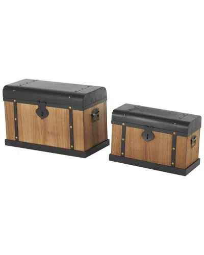 Peyton Lane Set Of 2 Wooden Storage Decorative Trunk With Metal Tops & Studs In Brown