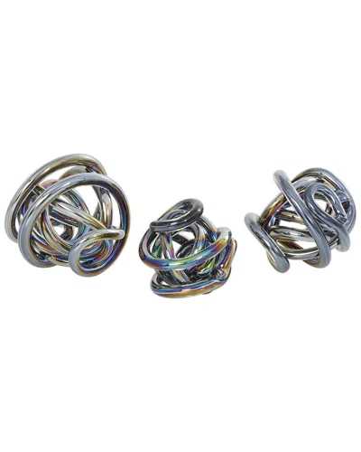 Peyton Lane Set Of 3 Abstract Dark Grey Glass Handmade Iridescent Knotted Ball Sculpture