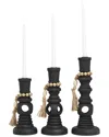 Peyton Lane Set Of 3 Black Wood Handmade Textured Matte Candle Holder With  Beaded Garland Accent In Black