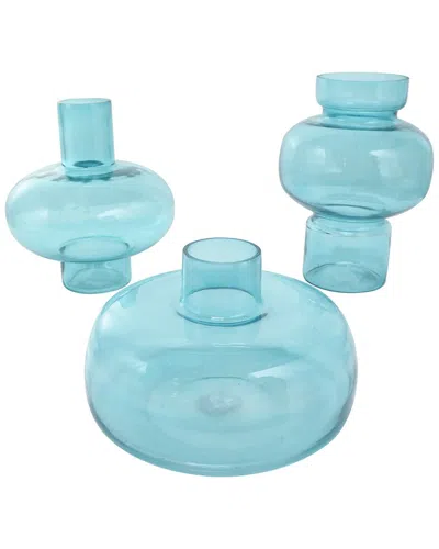 Peyton Lane Set Of 3 Blue Glass Round Decorative Vase With Varying Shapes And Sizes