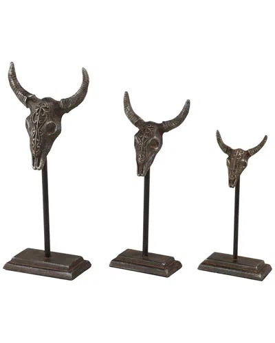 Peyton Lane Set Of 3 Bull Gray Metal Head Sculpture