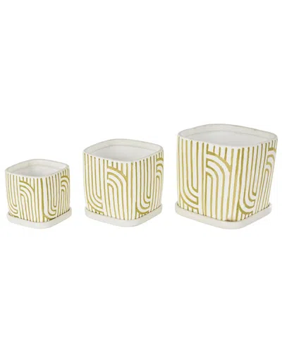 Peyton Lane Set Of 3 Ceramic Geometric Arched Patterned Indoor/outdoor Planters In Green