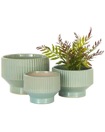 Peyton Lane Set Of 3 Ceramic Wide Grooved Planters In Green