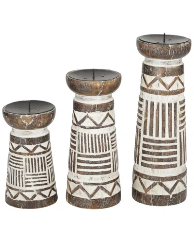 Peyton Lane Set Of 3 Eclectic Round Dark Wood Candle Holder In Brown