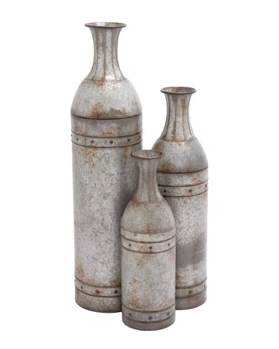 Peyton Lane Set Of 3 Farmhouse Cylinder Metal Vase With Studs In Gray