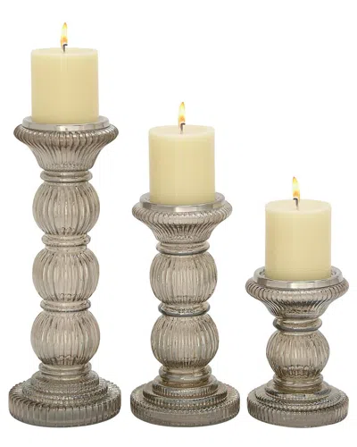 Peyton Lane Set Of 3 Gray Glass Handmade Turned Style Pillar Decorative Candle Holder