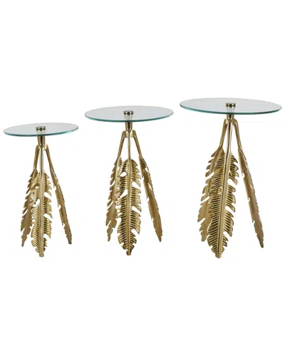 Peyton Lane Set Of 3 Leaf Accent Tables With Tripod Legs & Tempered Glass Top In Gold