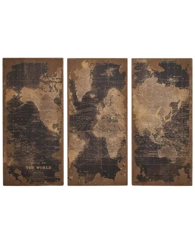 Peyton Lane Set Of 3 Vintage World Map Black Wood Wall Decor