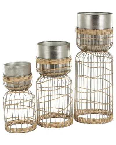 Peyton Lane Silver Metal Textured Dome Indoor Planter With Wo In Brown