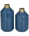 Peyton Lane Set Of 2 Blue Metal Vase With Gold Rims In Blue