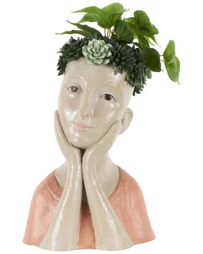 Peyton Lane Woman Bust Planter With Succulent Crown In Beige