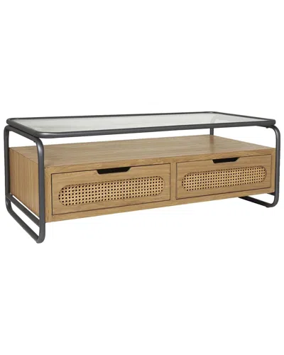 Peyton Lane Wooden Coffee Table With 2 Cane Front Drawers & Metal Frame In Brown