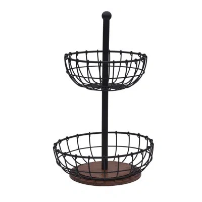 Pfaltzgraff Anvil Cage 2-tier Iron And Mango Wood Countertop Basket In Black