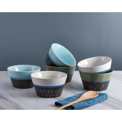 Pfaltzgraff Silk Screen Geometrics 24 Oz. All-purpose Stoneware Bowls In Blue;white;green