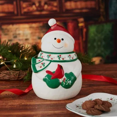 Pfaltzgraff Winterberry 10 In. Snowman Cookie Jar In Red,white,green