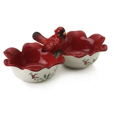 Pfaltzgraff Winterberry 2-section Serve Bowl With Cardinal Icon In White;red