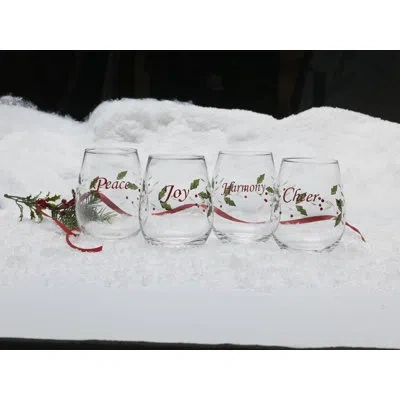 Pfaltzgraff Winterberry Holiday Sentiment Stemless Wine Glasses In Red;green;white