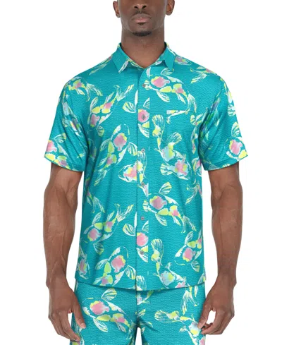 Pga Tour Men's Watercolor Koi Fish Printed Seersucker Shirt In Scuba Blue