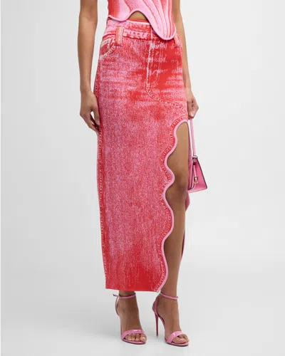 Ph5 Lily Denim-print Asymmetric Midi Skirt In Red Pink