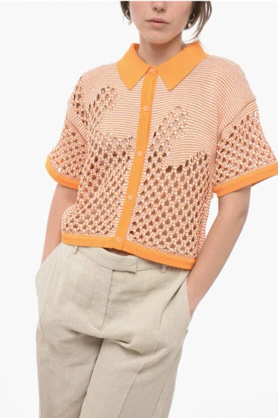 Ph5 Polo Neck Short Sleeve Perforated Jumper In Orange