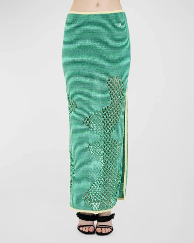 Ph5 Rowan Open-knit Maxi Slit Skirt In Teal Blast