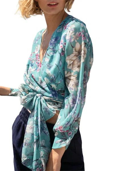 Phalaenopsis Zoe Floral-print Georgette Wrap Blouse In Sky Blue