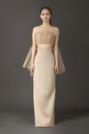 Phan Huy Strapless Column Gown With Back Cape In Beige