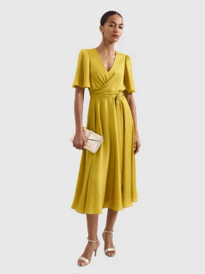 Phase Eight Womens Abbie Textured Wrap Woven Midi Dress Yellow In Gold