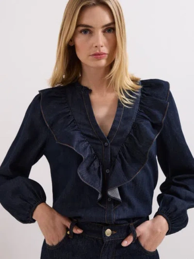 Phase Eight Alexia Denim Ruffle V-neck Blouse In Blue
