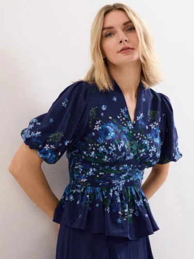 Phase Eight Safa Puff Sleeve Floral Blouse In Blue
