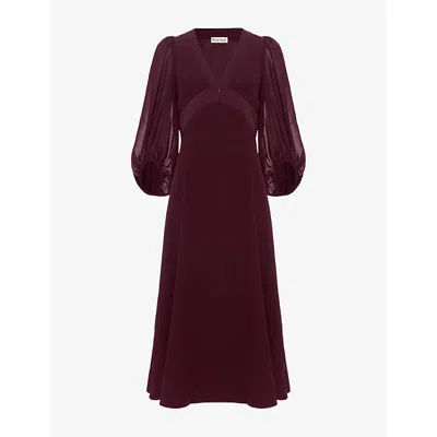 PHASE EIGHT WOMENS BURGUNDY VERA V-NECK LONG-SLEEVE MIDI DRESS