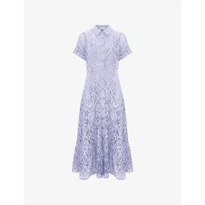 Phase Eight Womens Pale Blue Carmine Frilled-sleeve Midi Lace Dress