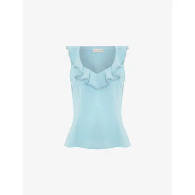 Phase Eight Womens Pale Blue Rhona Ruffle-trim Linen-blend Top