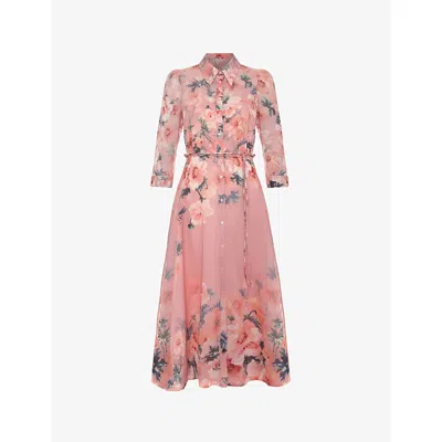 Phase Eight Womens Pale Pink Anabella Floral-print Linen-blend Midi Dress