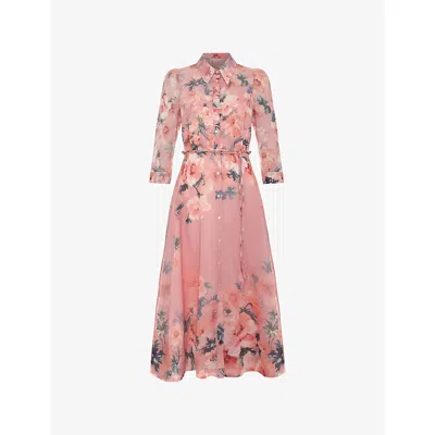 Phase Eight Womens Pale Pink Petite Anabella Floral-print Linen-blend Midi Dress