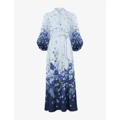 Phase Eight Womens Pale Blue Noella Floral-print Stretch-woven Midi Dress In White
