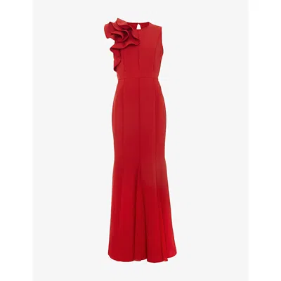 PHASE EIGHT WOMENS RED TYRA RUFFLE-NECK SLEEVELESS STRETCH-WOVEN MAXI DRESS
