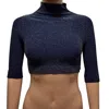 Phat Buddha Women Mock Neck Glitter Crop Top In Navy In Blue