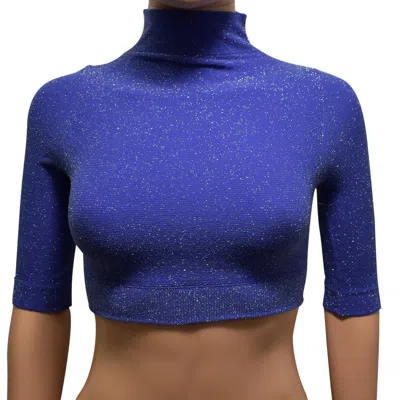 Phat Buddha Women Mock Neck Metallic Stretch Crop Top In Blue