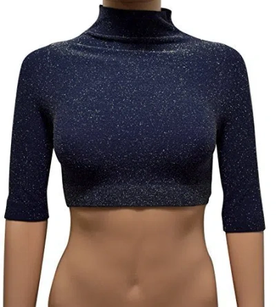 Phat Buddha Women Mock Neck Glitter Crop Top In Navy In Blue