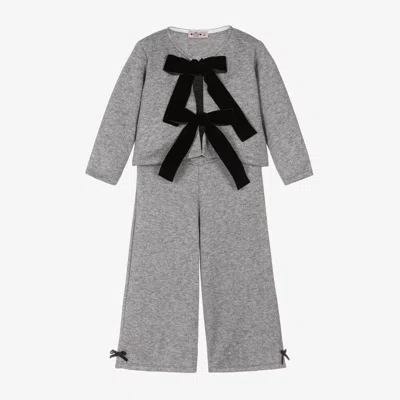 Phi Clothing Kids' Girls Grey Viscose & Velvet Bow Trouser Set In Gray