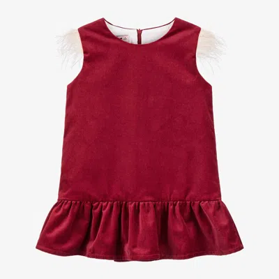 Phi Clothing Kids' Girls Red Velvet & Feather Dress