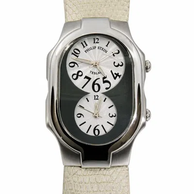 Pre-owned Philip Stein Watch Dual Teslar White Leather Stainless Steel Case 48mm X 30mm