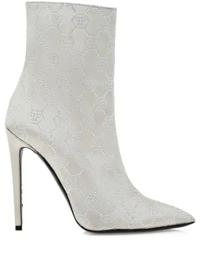 Philipp Plein 120mm Monogram Satin Boots In Neutrals