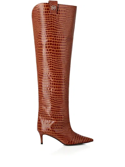 Philipp Plein 55mm Crocodile-print Over-the-knee Boots In Brown