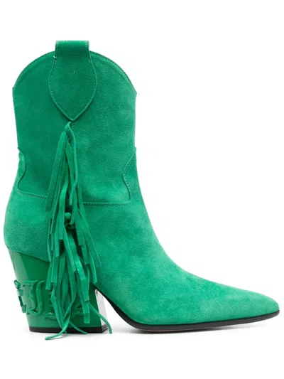 Philipp Plein 75mm Fringe-detailed Suede Boots In Green