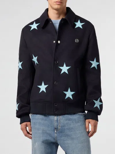 Philipp Plein Animalier And Star Print Wool Bomber Jacket In Black