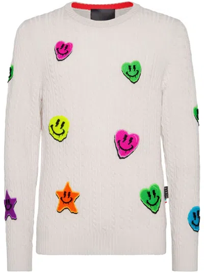 Philipp Plein Appliqué Cable-knit Jumper In White