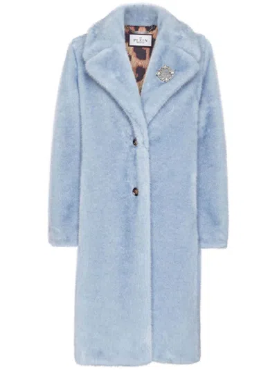 Philipp Plein Appliqué Faux-fur Coat In Blue